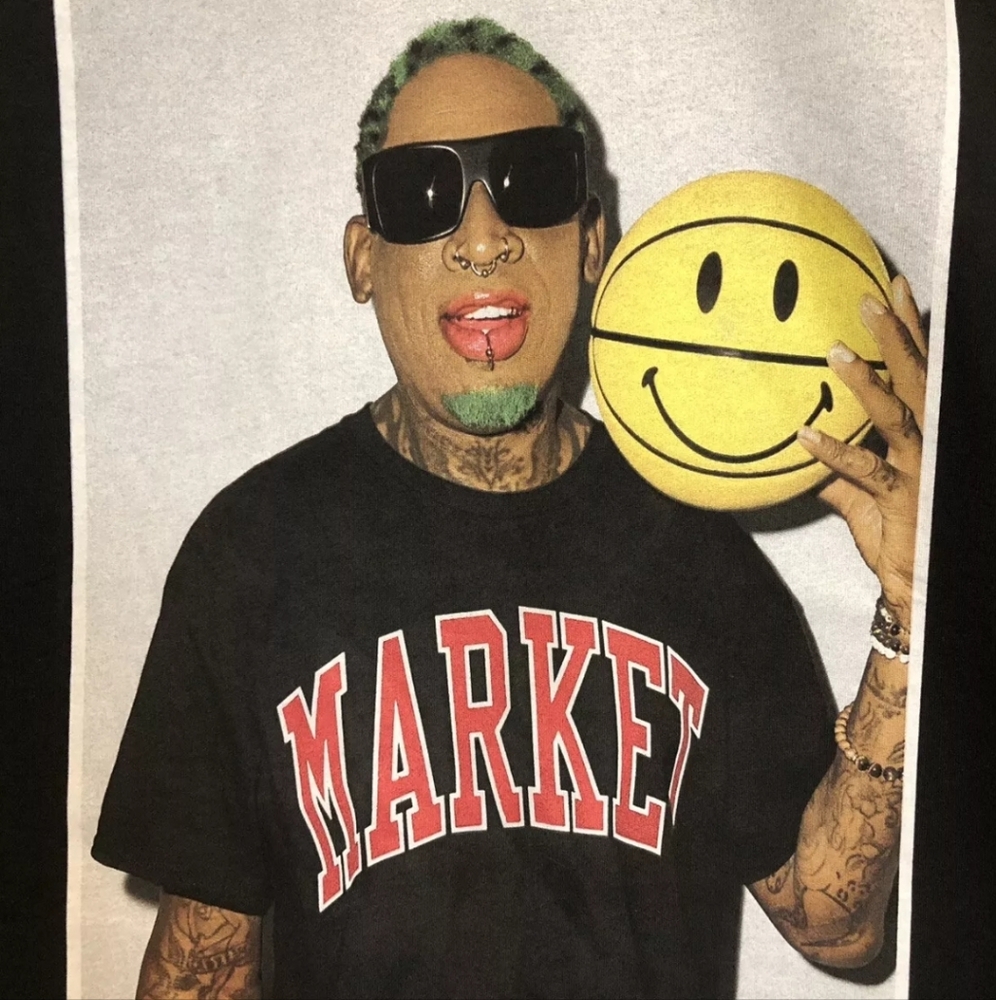 New Dennis Rodman Market Tattoos Double Sided Basketball Smiley Black Shirt 2XL - Picture 4 of 12